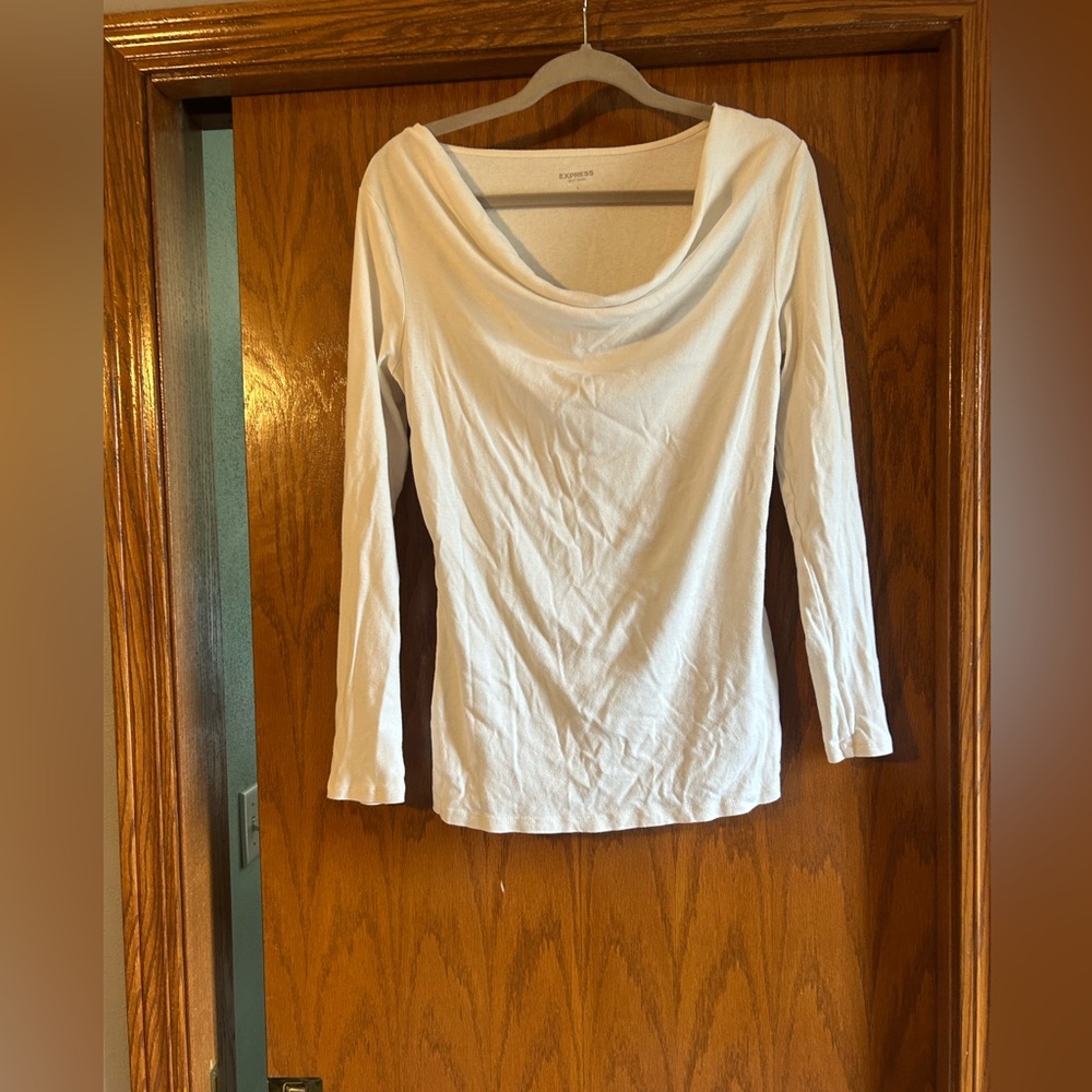 Express White Draped Cowl Neck Long Sleeve Top